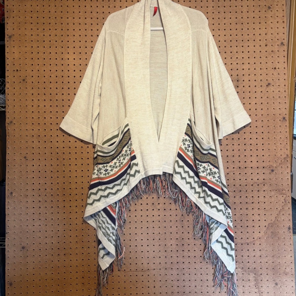 Y2K Boho Cardigan Small Cream Fringed Fair Isle Southwestern Open Front Sweater
